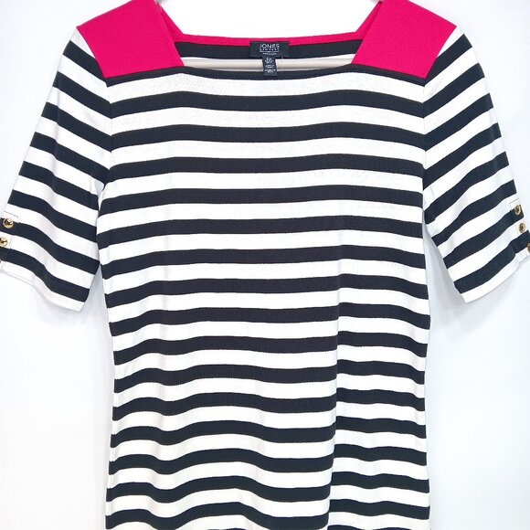 Jones New York Tops - JONES-Women's Striped Pullover Tee-Black-White-Pink-Summer-Office-Work-Casual
